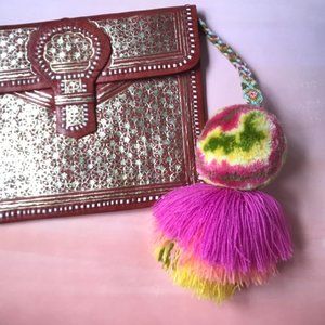 Jumbo Tassel PomPom Mexican Market Bag Charm Triple Tiered Fringe Tie Dye